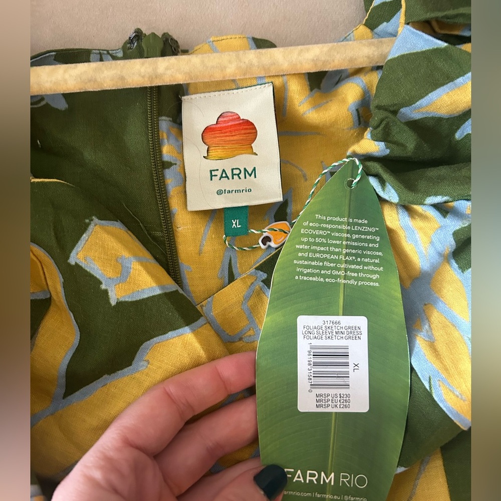 NWT FARM Rio Olive Green Mini Dress with Yellow & Light Blue Floral Print - Picture 6 of 7